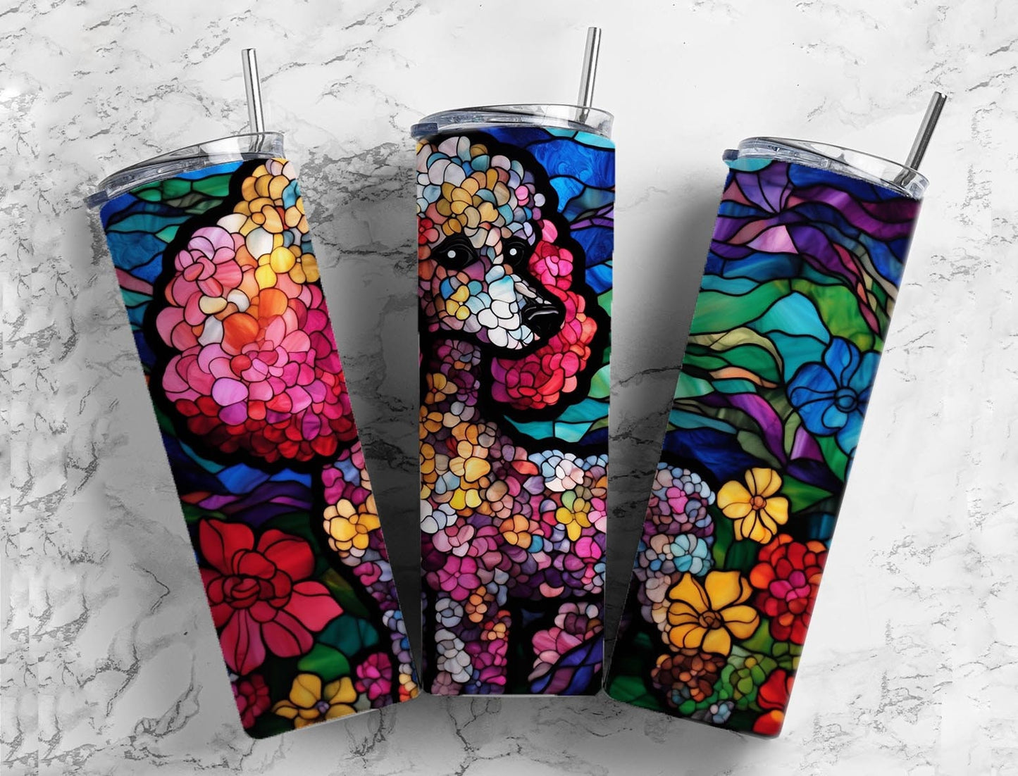 Rainbow poodle 20oz Sublimation Tumbler Designs, Stained glass 9.2 x 8.3” Straight Skinny Tumbler Wrap PNG