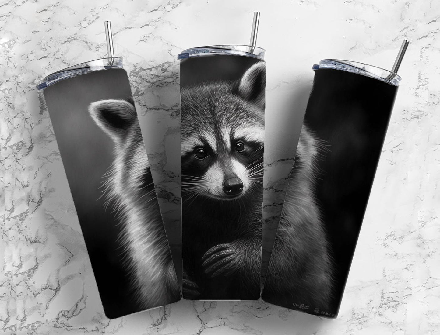 Racoon Charcoal 20oz Sublimation Tumbler Designs, Sketch Rubber 9.2 x 8.3” Straight Skinny Tumbler, Tumbler Wrap PNG