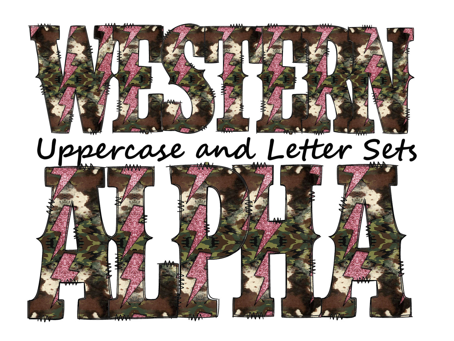 pink lightning bolt Doodle Letters Western Alphabet, Green camo Alphabet PNG, Entire Doodle Alphabet Uppercase and Numbers PNG