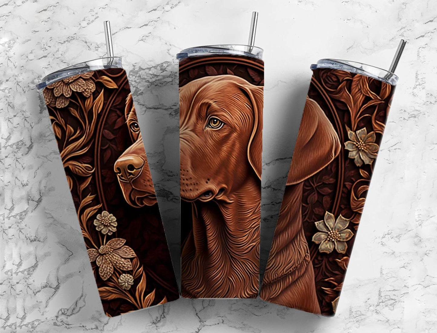 Tooled leather vizsla dog 20oz Sublimation Tumbler Designs, Engraved leather 9.2 x 8.3” Straight Skinny Tumbler Wrap PNG