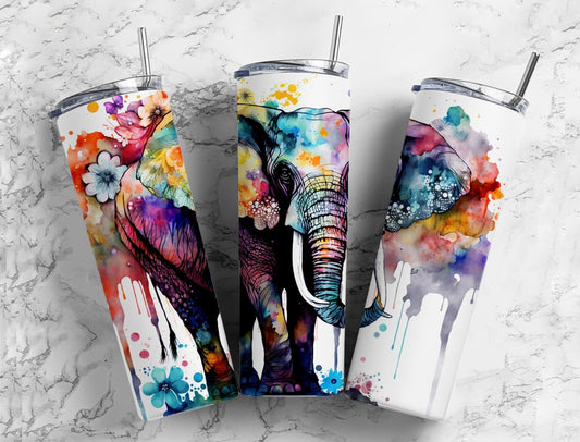 Watercolor elephant 20oz Sublimation Tumbler Designs, Rainbow floral 9.2 x 8.3” Straight Skinny Tumbler Wrap PNG