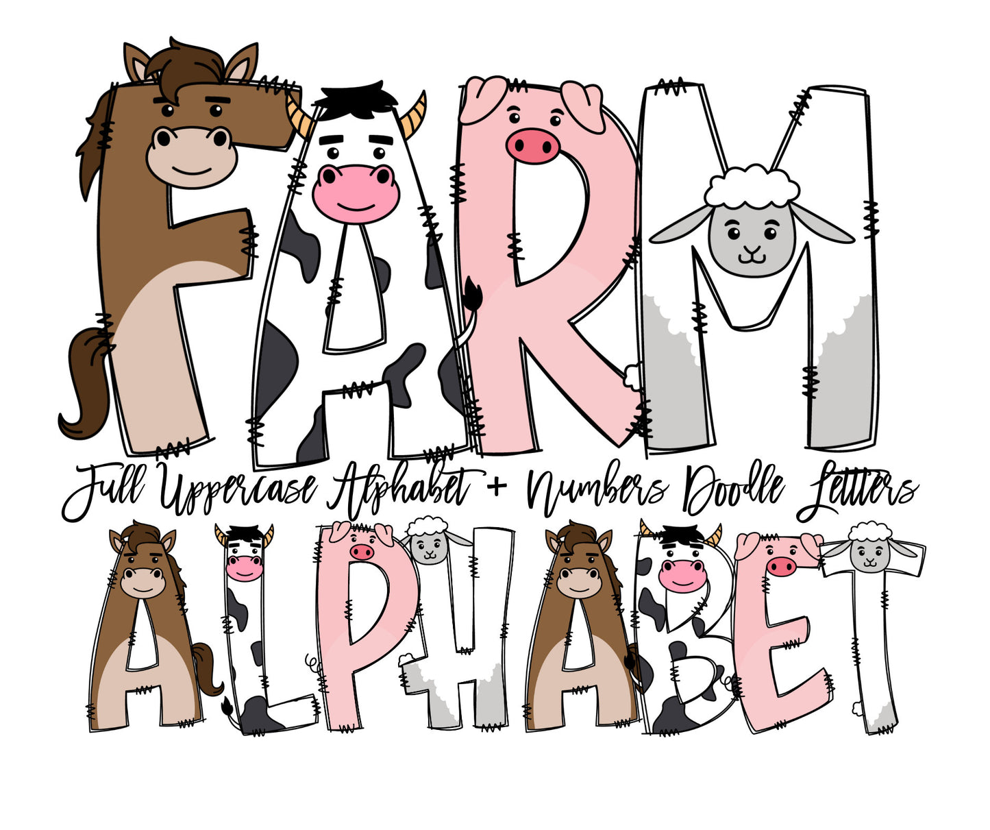 Farm Animal Doodle Letters, Horse Alphabet, Cow Alphabet PNG, Entire Doodle Alphabet Uppercase Lowercase Numbers PNG