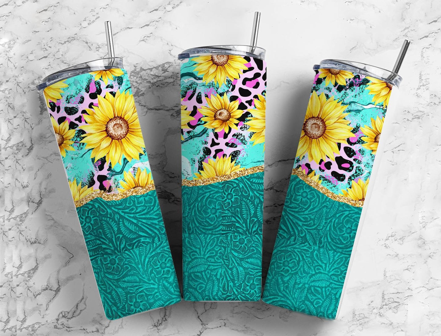 Turquoise Sunflower 20oz Sublimation Tumbler Designs, Teal Leopard Print 9.2 x 8.3” Straight Skinny Tumbler Wrap, Leather Western PNG