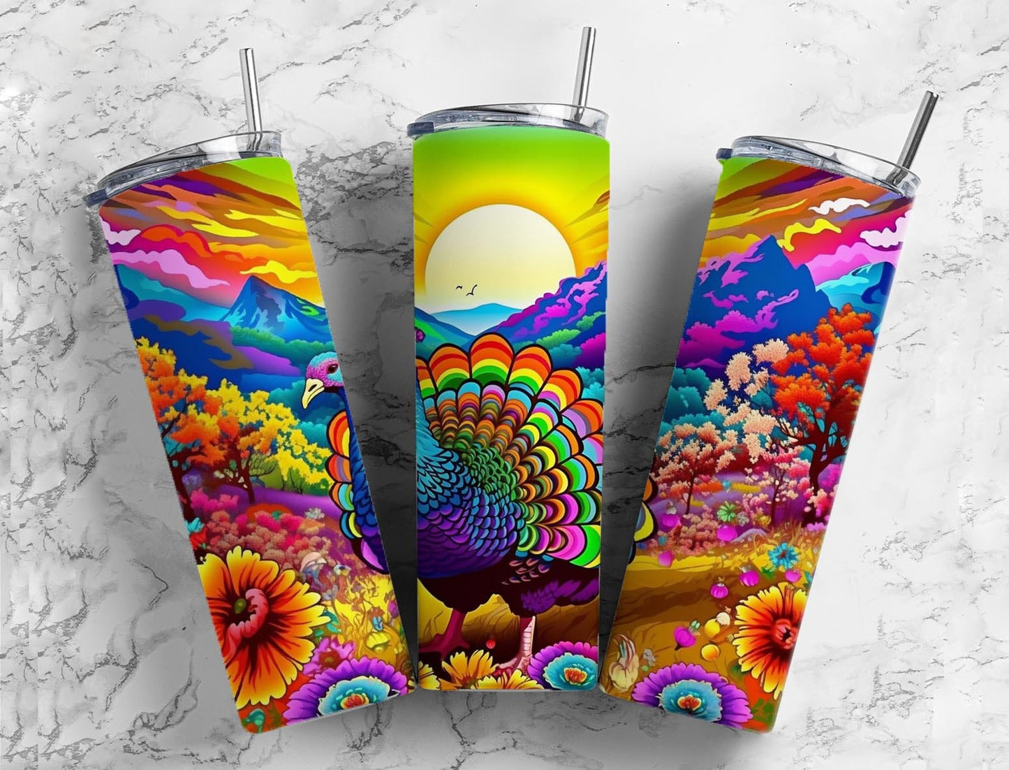 Rainbow turkey 20oz Sublimation Tumbler Designs, Floral background 9.2 x 8.3” Straight Skinny Tumbler Wrap PNG