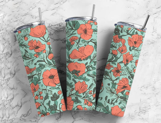 Retro botanical 20oz Sublimation Tumbler Designs, Red and blue floral 9.2 x 8.3” Straight Skinny Tumbler Wrap PNG