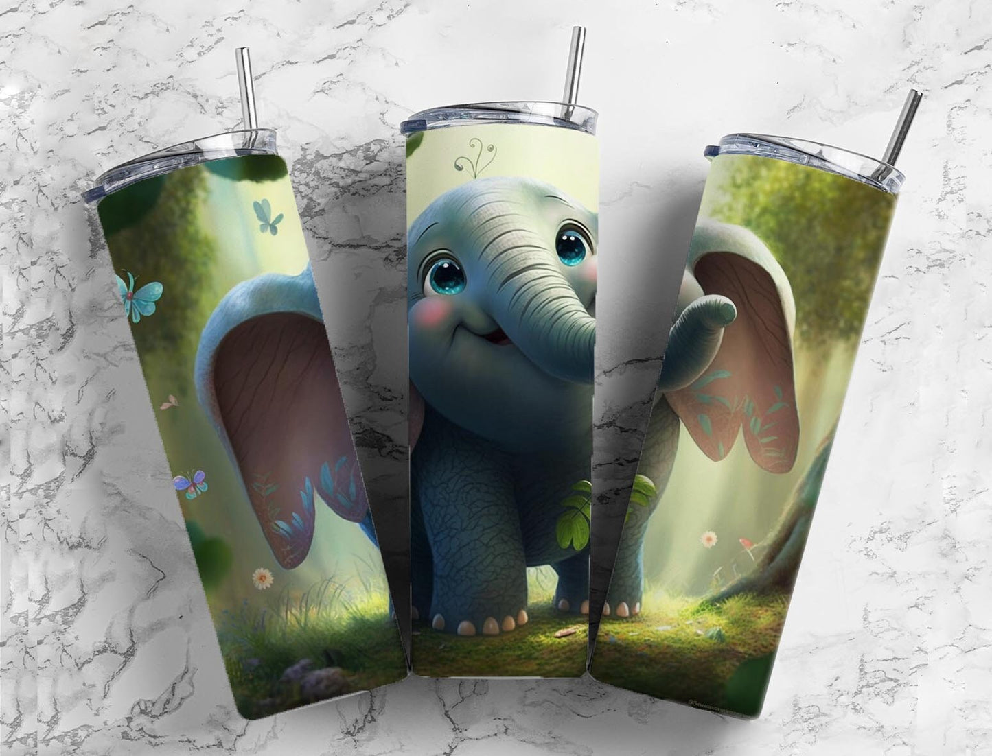 Baby elephant 20oz Sublimation Tumbler Designs, Forest cartoon 9.2 x 8.3” Straight Skinny Tumbler Wrap PNG