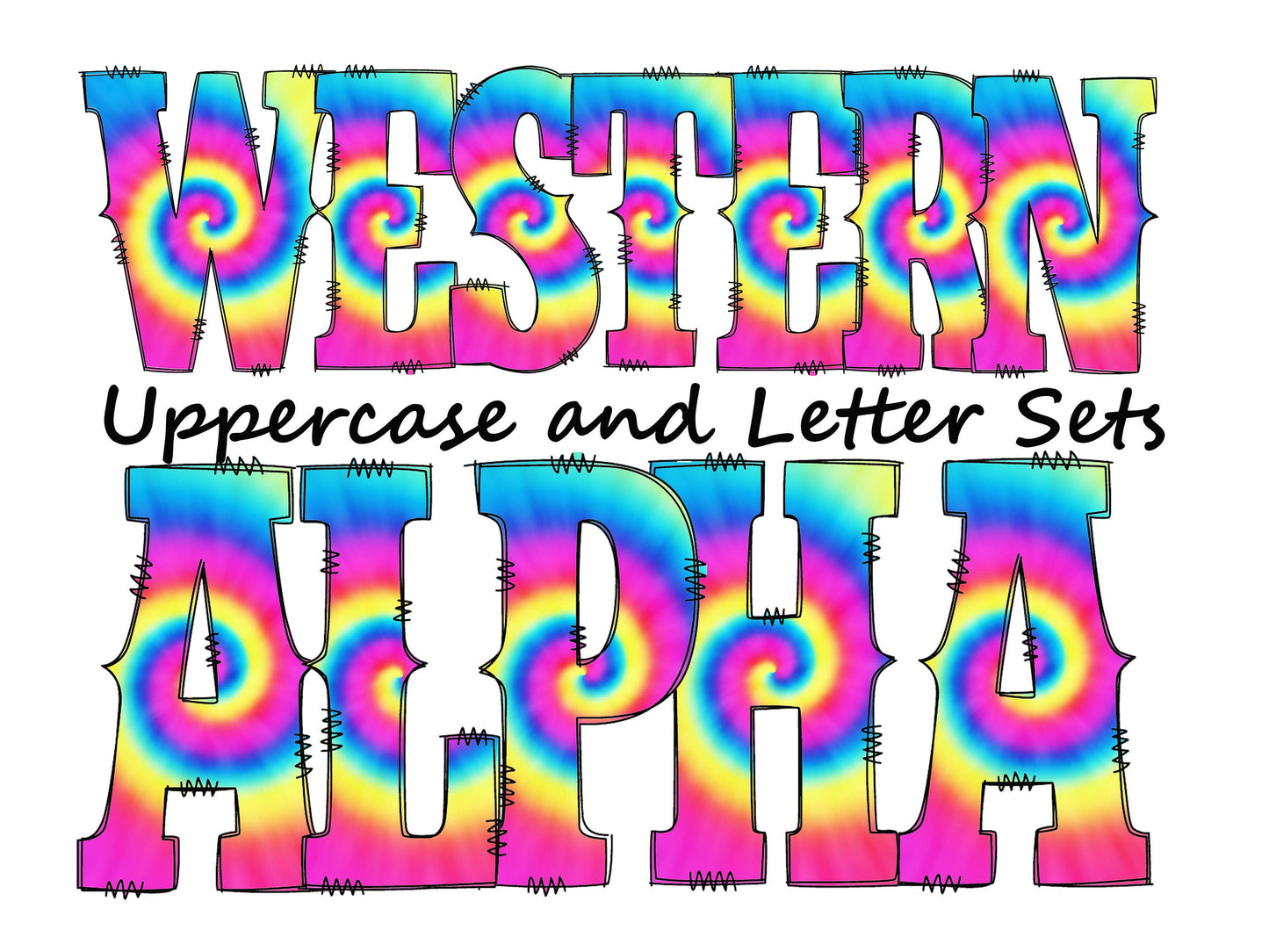 Rainbow spiral Doodle Letters Western Alphabet, Colorful tie dye Alphabet PNG, Entire Doodle Alphabet Uppercase and Numbers PNG