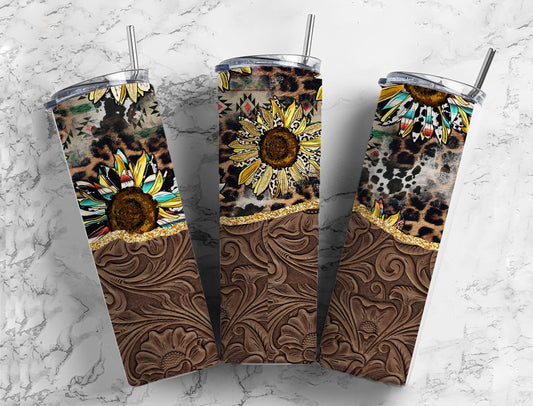 Sunflower and Tooled Leather 20oz Sublimation Tumbler Designs, Teal and Leopard Country Western 9.2 x 8.3” Straight Skinny Tumbler Wrap PNG