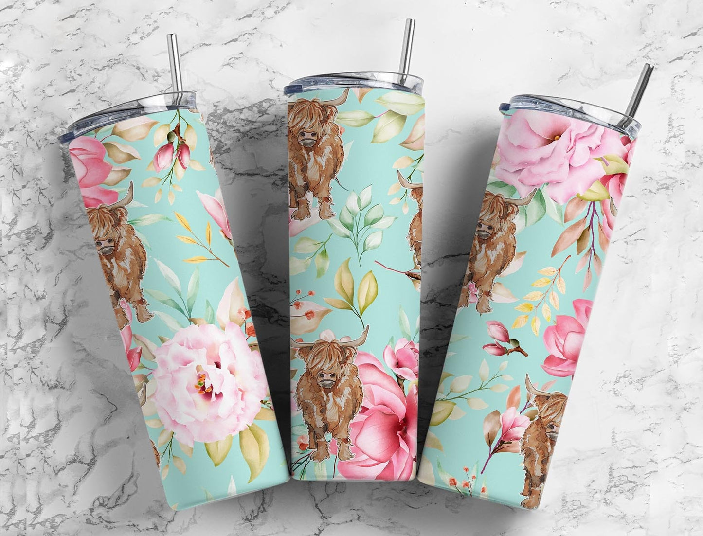 Highland Cow Flower 20oz Sublimation Tumbler Designs, Mint and Pink Flower 9.2 x 8.3” Straight Skinny Tumbler, Minimalist Wrap PNG