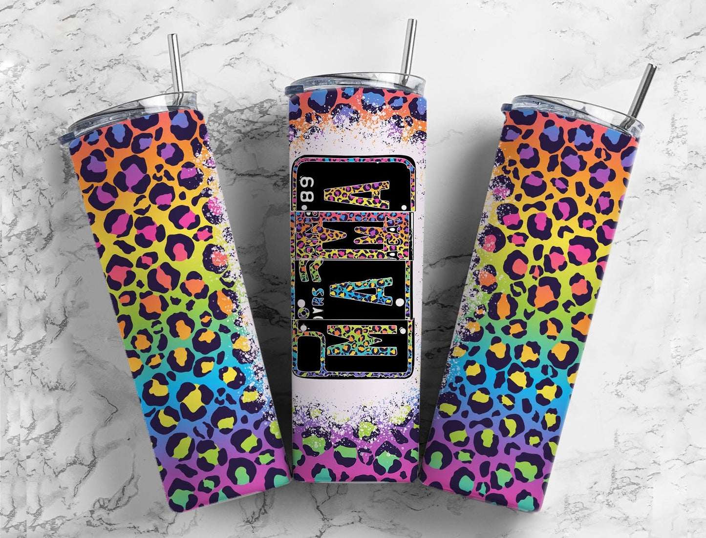 Rainbow Leopard Print 20oz Sublimation Tumbler Designs, Mama Number Plate9.2 x 8.3” Straight Skinny Tumbler, Tumbler Wrap PNG