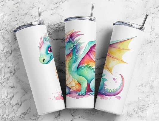 rainbow dragon 20oz Sublimation Tumbler Designs, watercolor 9.2 x 8.3” Straight Skinny Tumbler Wrap PNG