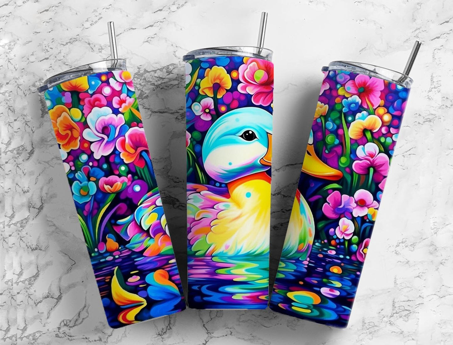 Colorful duck 20oz Sublimation Tumbler Designs, Floral landscape 9.2 x 8.3” Straight Skinny Tumbler Wrap PNG