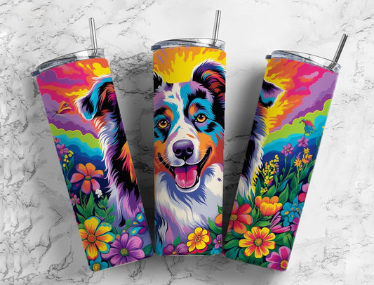 Australian shepherd 20oz Sublimation Tumbler Designs, Rainbow floral landscape 9.2 x 8.3” Straight Skinny Tumbler Wrap PNG