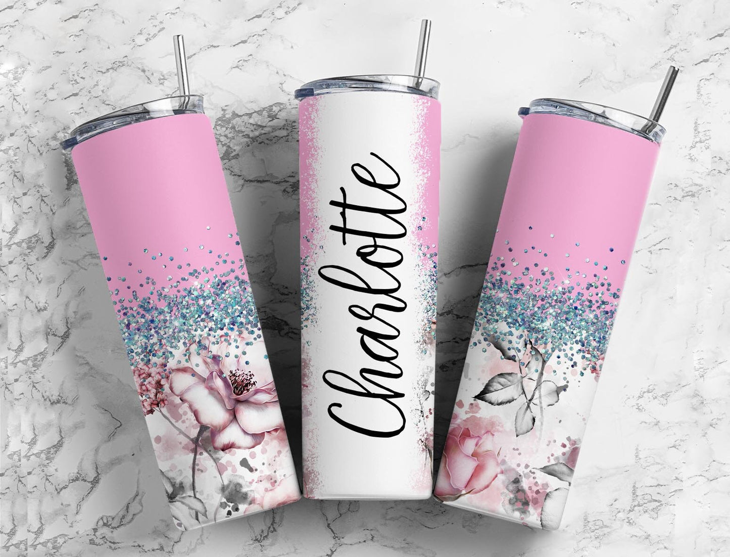 Botanical Boho 20oz Sublimation Tumbler Designs, Iridescent Glitter Pink 9.2 x 8.3” Straight Skinny Tumbler, PNGp99