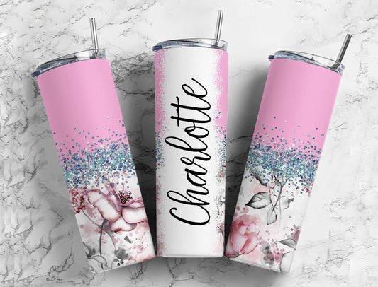 Botanical Boho 20oz Sublimation Tumbler Designs, Iridescent Glitter Pink 9.2 x 8.3” Straight Skinny Tumbler, PNGp99