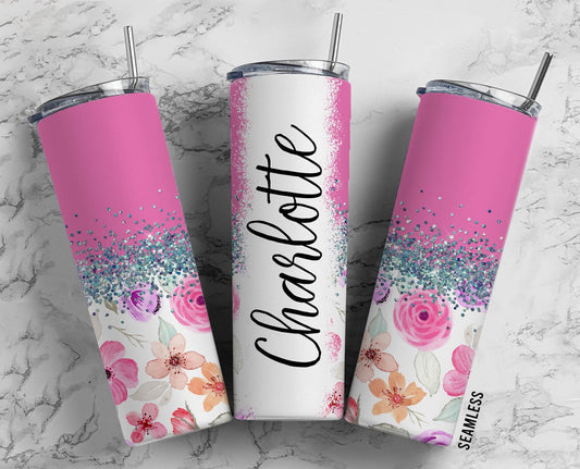 Pink Cute Flowers 20oz Sublimation Tumbler Designs, Floral 9.2 x 8.3” Straight Skinny Tumbler Wrap PNG 124