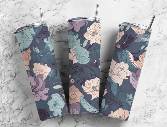 Blue and white floral 20oz Sublimation Tumbler Designs, Botanical 9.2 x 8.3” Straight Skinny Tumbler Wrap PNG