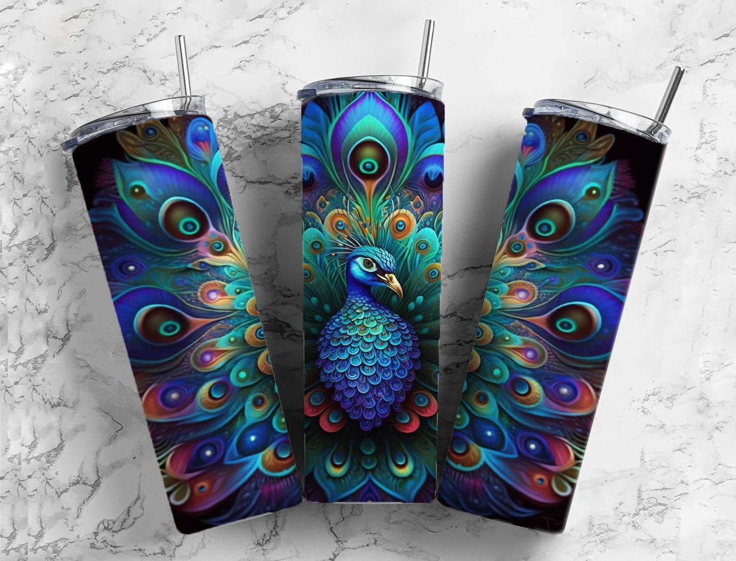 Neon peacock 20oz Sublimation Tumbler Designs, Rainbow colorful 9.2 x 8.3” Straight Skinny Tumbler Wrap PNG