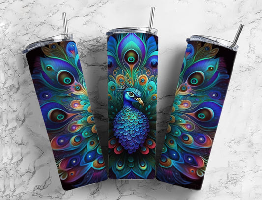 Neon peacock 20oz Sublimation Tumbler Designs, Rainbow colorful 9.2 x 8.3” Straight Skinny Tumbler Wrap PNG