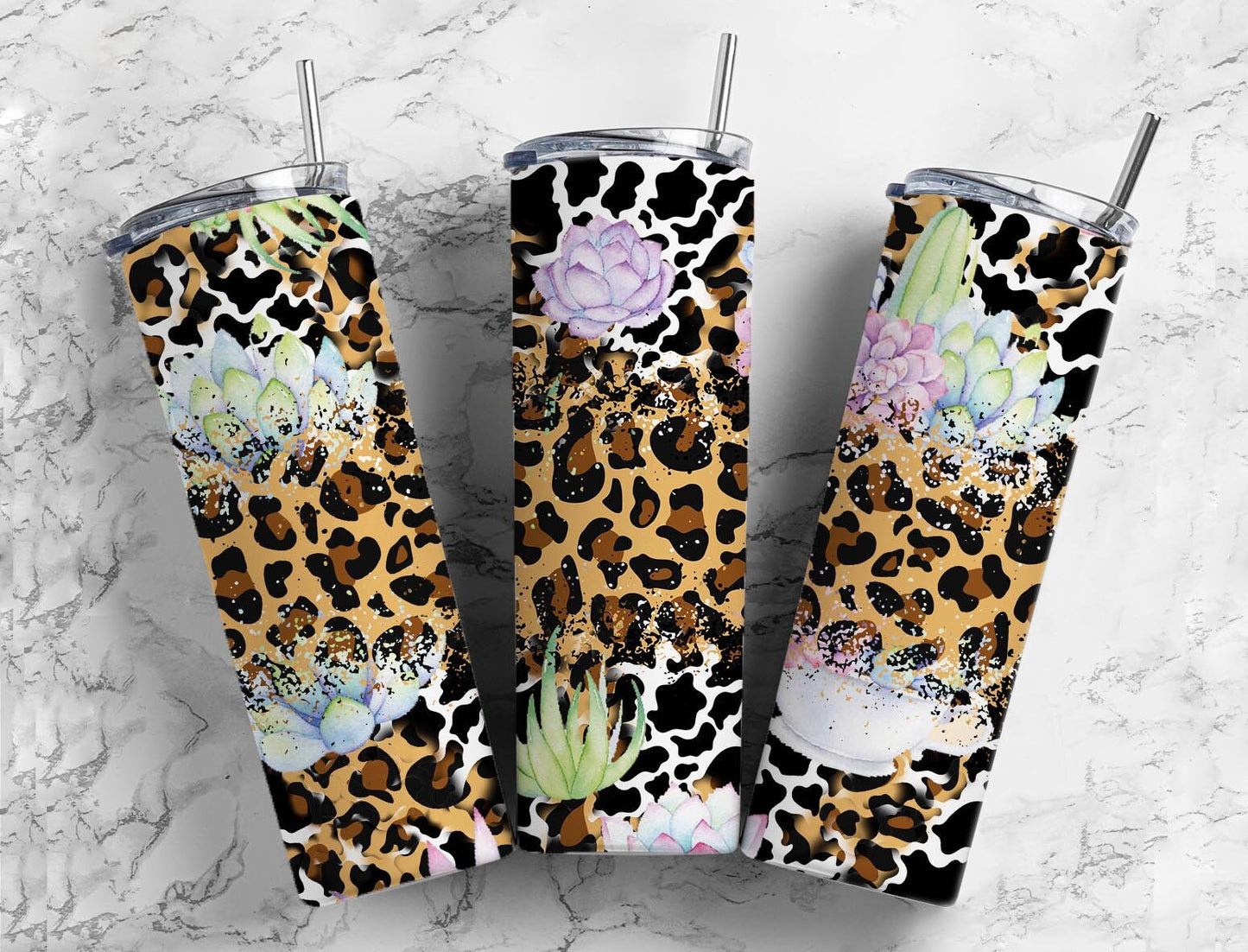 Succulent Leopard and Cow 20oz Sublimation Tumbler Designs, Country Western 9.2 x 8.3” Straight Skinny Tumbler Wrap PNG, Turquoise Stone