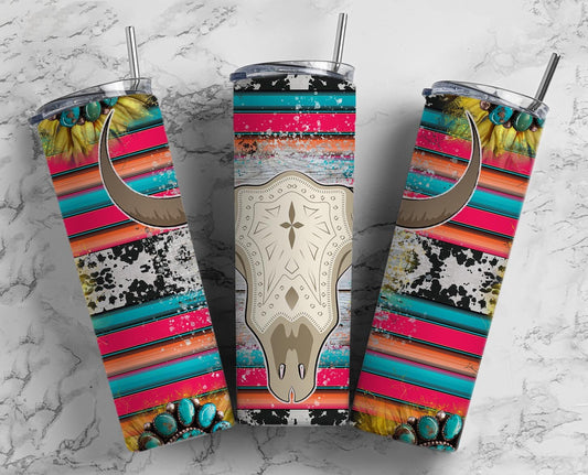 Bull Skull 20oz Sublimation Tumbler Designs, Country Western 9.2 x 8.3” Straight Skinny Tumbler Wrap PNG