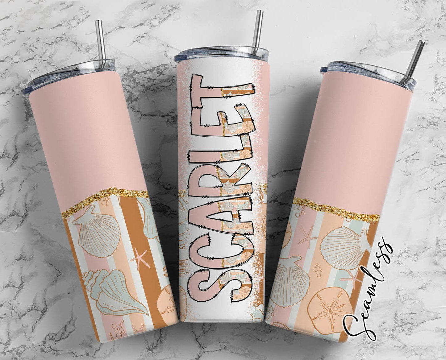 Shell Ocean Tumbler Wrap with Matching Doodle Letter Alphabet PNG, Aesthetic Add your Own name 20oz Tumbler, Alpha Set PNG 80