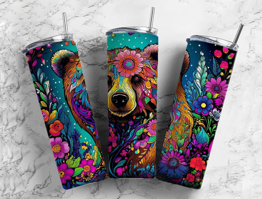 Brown bear 20oz Sublimation Tumbler Designs, Floral rainbow 9.2 x 8.3” Straight Skinny Tumbler Wrap PNG