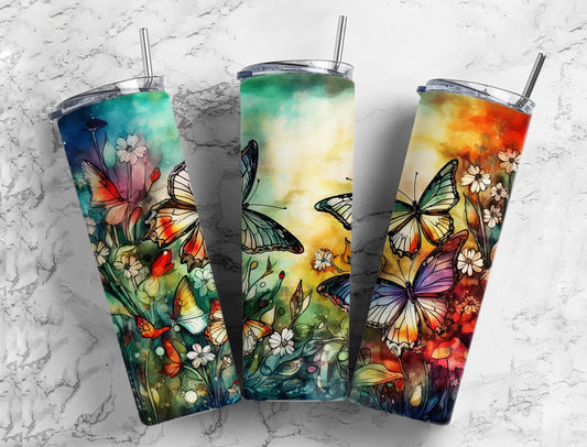 Butterfly garden 20oz Sublimation Tumbler Designs, Rainbow alcohol ink 9.2 x 8.3” Straight Skinny Tumbler Wrap PNG