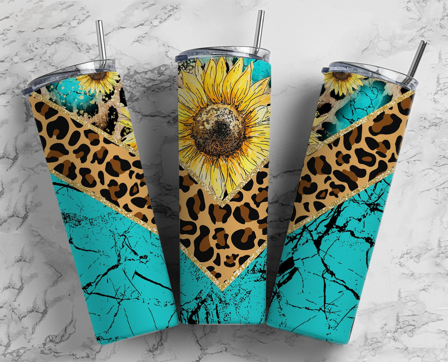 Sunflower Teal Stone 20oz Sublimation Tumbler Designs, Leopard Print Turquoise 9.2 x 8.3” Straight Skinny Tumbler Wrap PNG 16