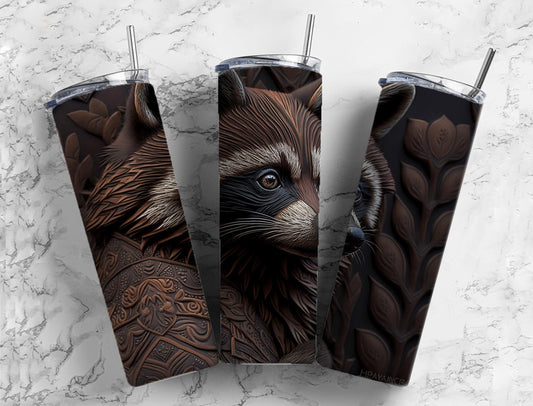 Tooled leather raccoon 20oz Sublimation Tumbler Designs, Engraved leather 9.2 x 8.3” Straight Skinny Tumbler Wrap PNG