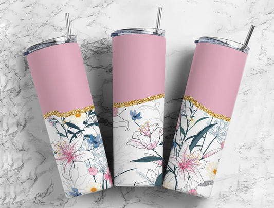 Boho Flower 20oz Sublimation Tumbler Designs, Agate Glitter Pink 9.2 x 8.3” Straight Skinny Tumbler Wrap PNG