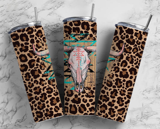 Bull Skull Leopard 20oz Sublimation Tumbler Designs, Cow 9.2 x 8.3” Straight Skinny Tumbler, Turquoise Wrap PNG