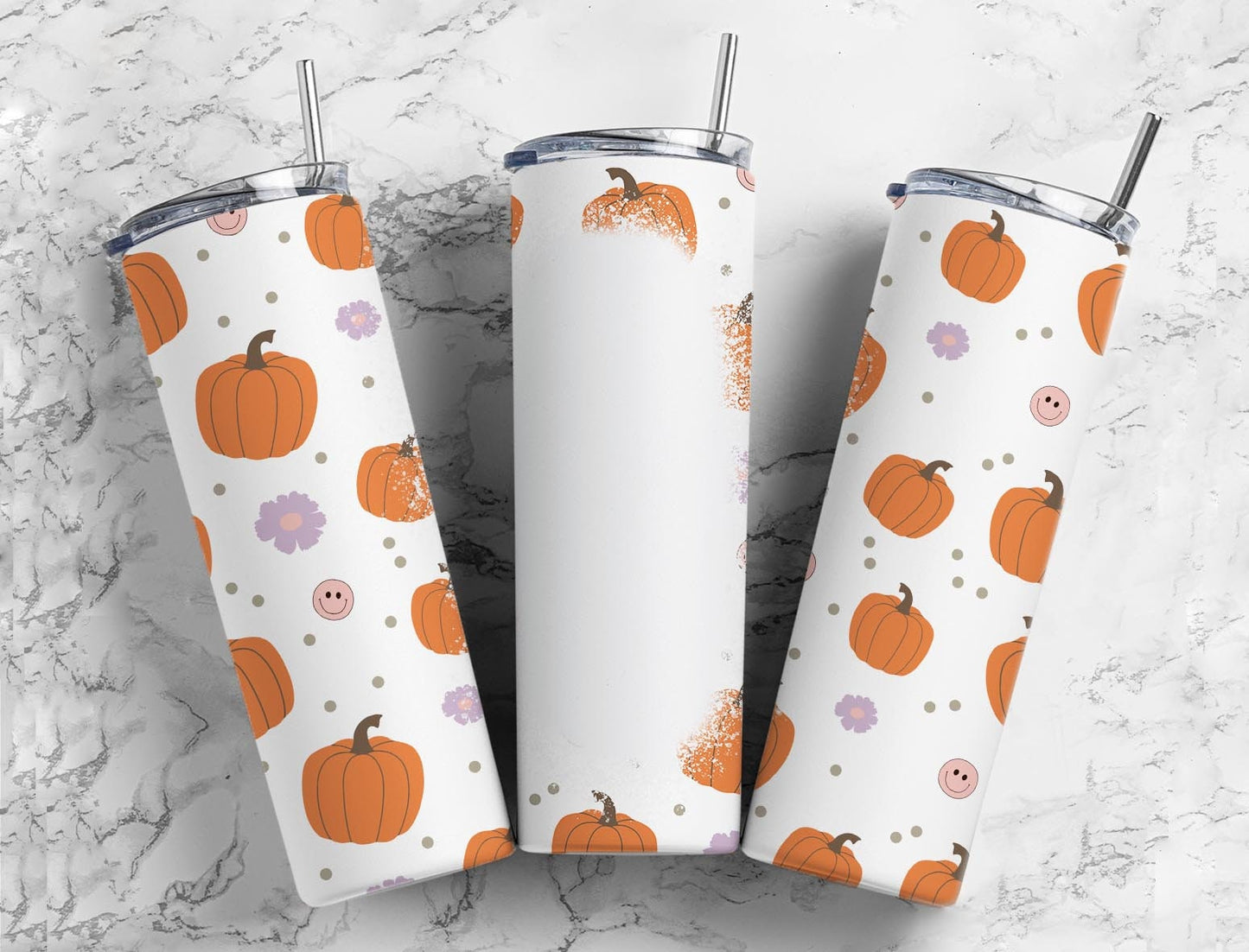 Pumpkin Fall Retro 20oz Sublimation Tumbler Designs, Add your own Name 9.2 x 8.5” Straight Skinny Tumbler Wrap PNG, Smiley Face Orange