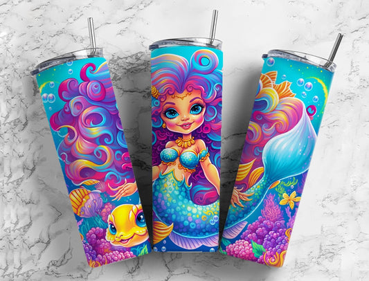 Cartoon mermaid 20oz Sublimation Tumbler Designs, Underwater ocean 9.2 x 8.3” Straight Skinny Tumbler Wrap PNG