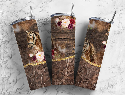 Horse Leather 20oz Sublimation Tumbler Designs, Country Western 9.2 x 8.3” Straight Skinny Tumbler Wrap PNG, Tooled Leather Tumbler