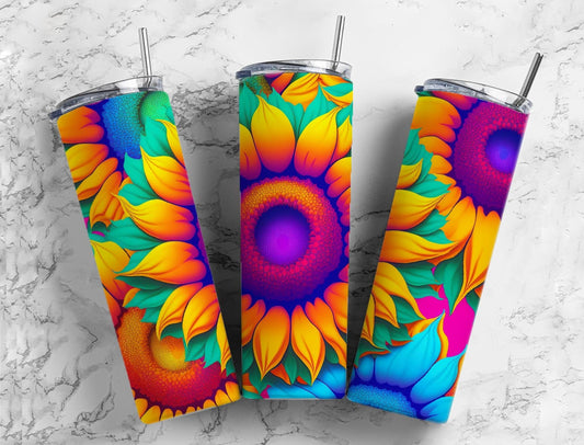 Rainbow sunflower 20oz Sublimation Tumbler Designs, Neon floral 9.2 x 8.3” Straight Skinny Tumbler Wrap PNG