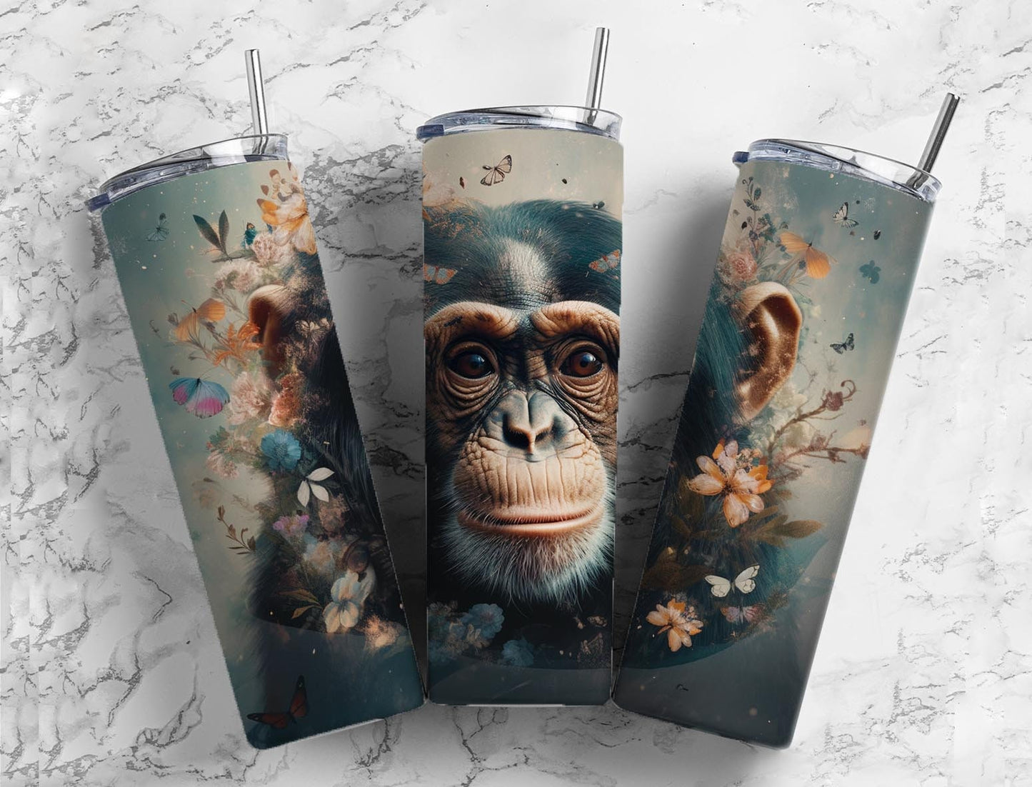 Chimpanzee monkey 20oz Sublimation Tumbler Designs, Soft floral 9.2 x 8.3” Straight Skinny Tumbler Wrap PNG