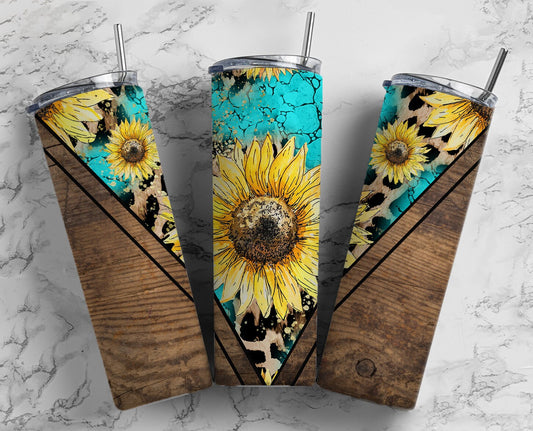 Teal Sunflower 20oz Sublimation Tumbler Designs, Turquoise Woodgrain 9.2 x 8.3” Straight Skinny Tumbler Wrap PNG 91