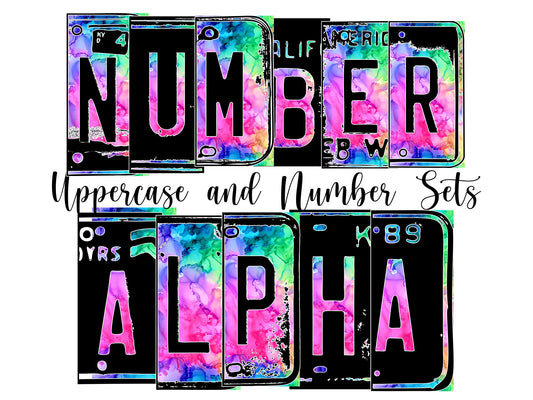 Alcohol Ink Number Plate Alphabet Uppercase Numbers PNG, Pink Green BlueAlphabet PNG Digital Download