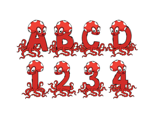 Squid Octopus Doodle Letters, Sea Alphabet, Ocean Alphabet PNG, Entire Doodle Alphabet Uppercase Lowercase Numbers PNG