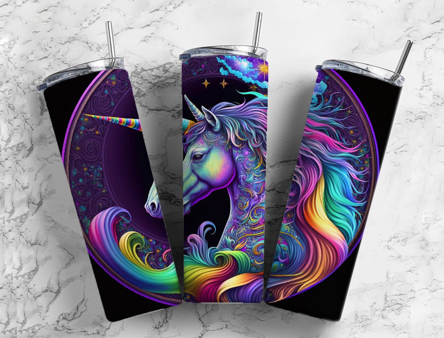 Neon unicorn 20oz Sublimation Tumbler Designs, Rainbow colorful 9.2 x 8.3” Straight Skinny Tumbler Wrap PNG