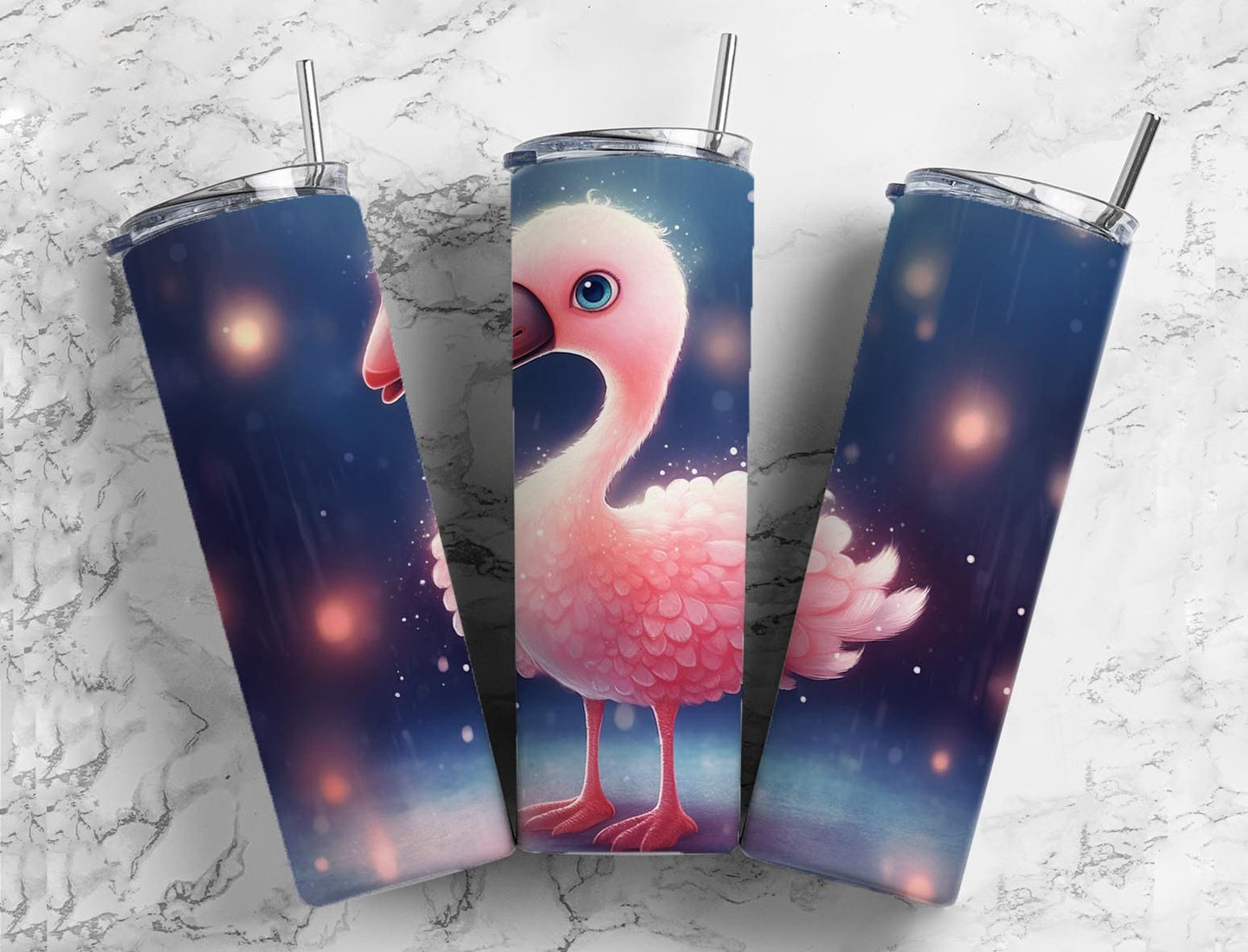 Cartoon flamingo 20oz Sublimation Tumbler Designs, fireflies bokeh 9.2 x 8.3” Straight Skinny Tumbler Wrap PNG