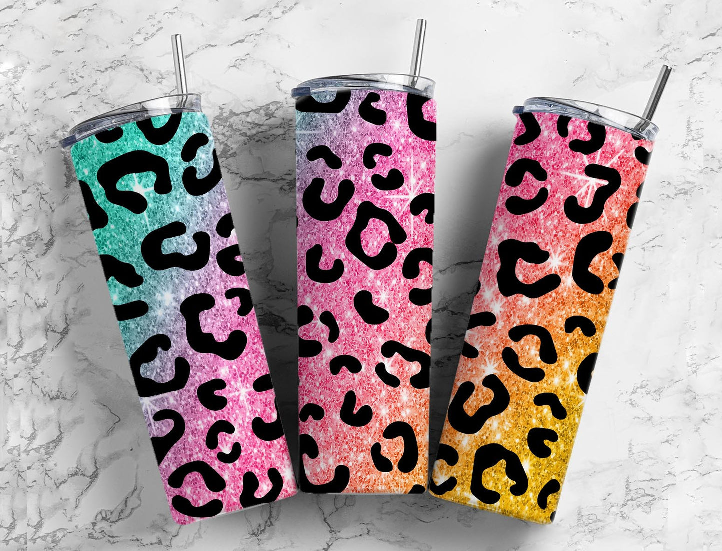 Rainbow glitter gradient 20oz Sublimation Tumbler Designs, Leopard print 9.2 x 8.3” Straight Skinny Tumbler Wrap PNG