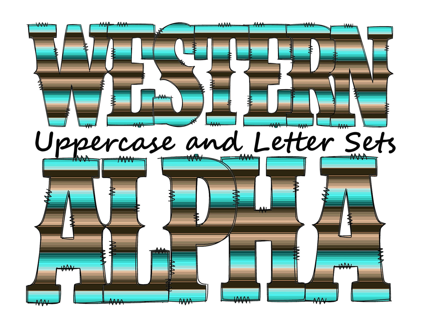 Mexican serape Doodle Letters Western Alphabet, Blue and brown Alphabet PNG, Entire Doodle Alphabet Uppercase and Numbers PNG