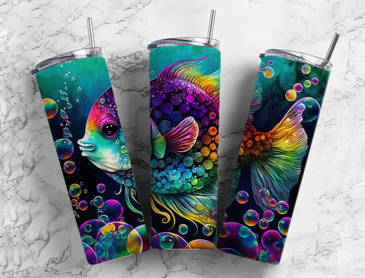 Rainbow fish 20oz Sublimation Tumbler Designs, neon ocean 9.2 x 8.3” Straight Skinny Tumbler Wrap PNG