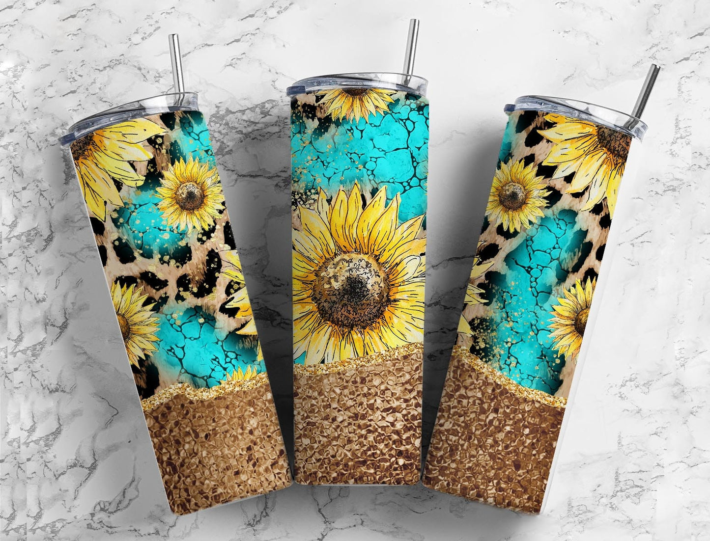 Sunflower Turquoise 20oz Sublimation Tumbler Designs, Teal and Leopard Country Western 9.2 x 8.3” Straight Skinny Tumbler Wrap PNG