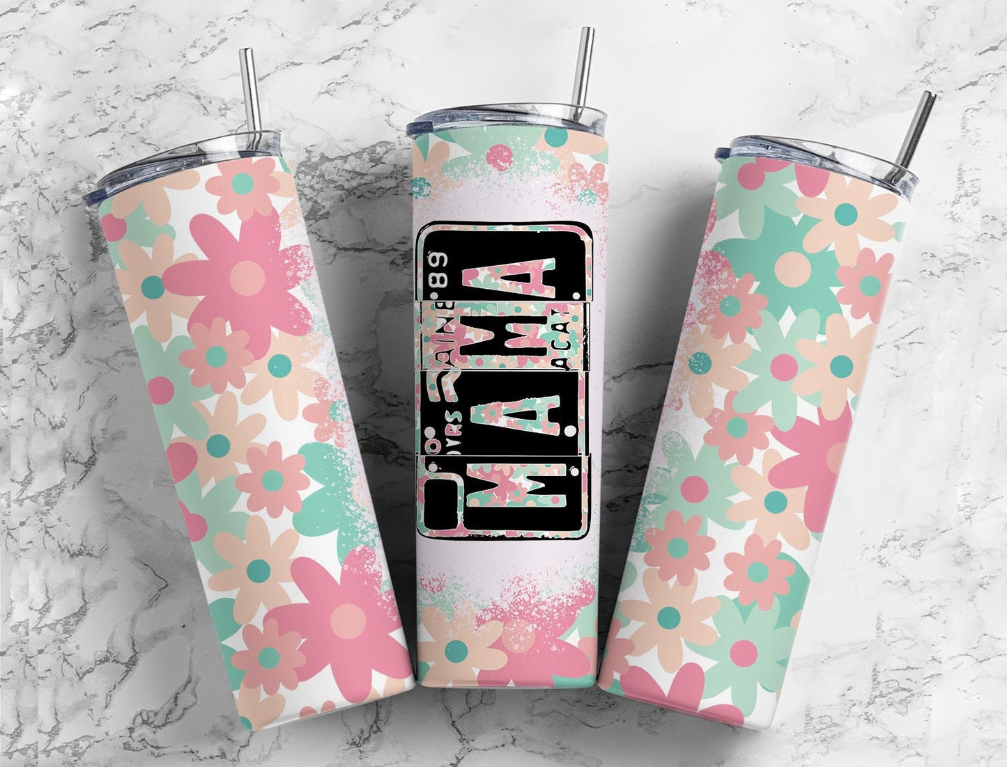 Retro Daisy 20oz Sublimation Tumbler Designs, Mama Number Plate 9.2 x 8.3” Straight Skinny Tumbler, Tumbler Wrap PNG