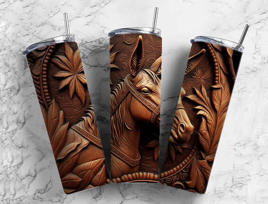 Horse engraved leather 20oz Sublimation Tumbler Designs, tooled leather 9.2 x 8.3” Straight Skinny Tumbler Wrap