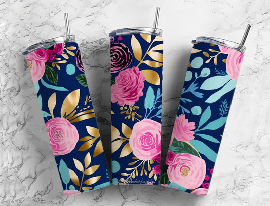 Colorful floral 20oz Sublimation Tumbler Designs, Gold leaf 9.2 x 8.3” Straight Skinny Tumbler Wrap PNG