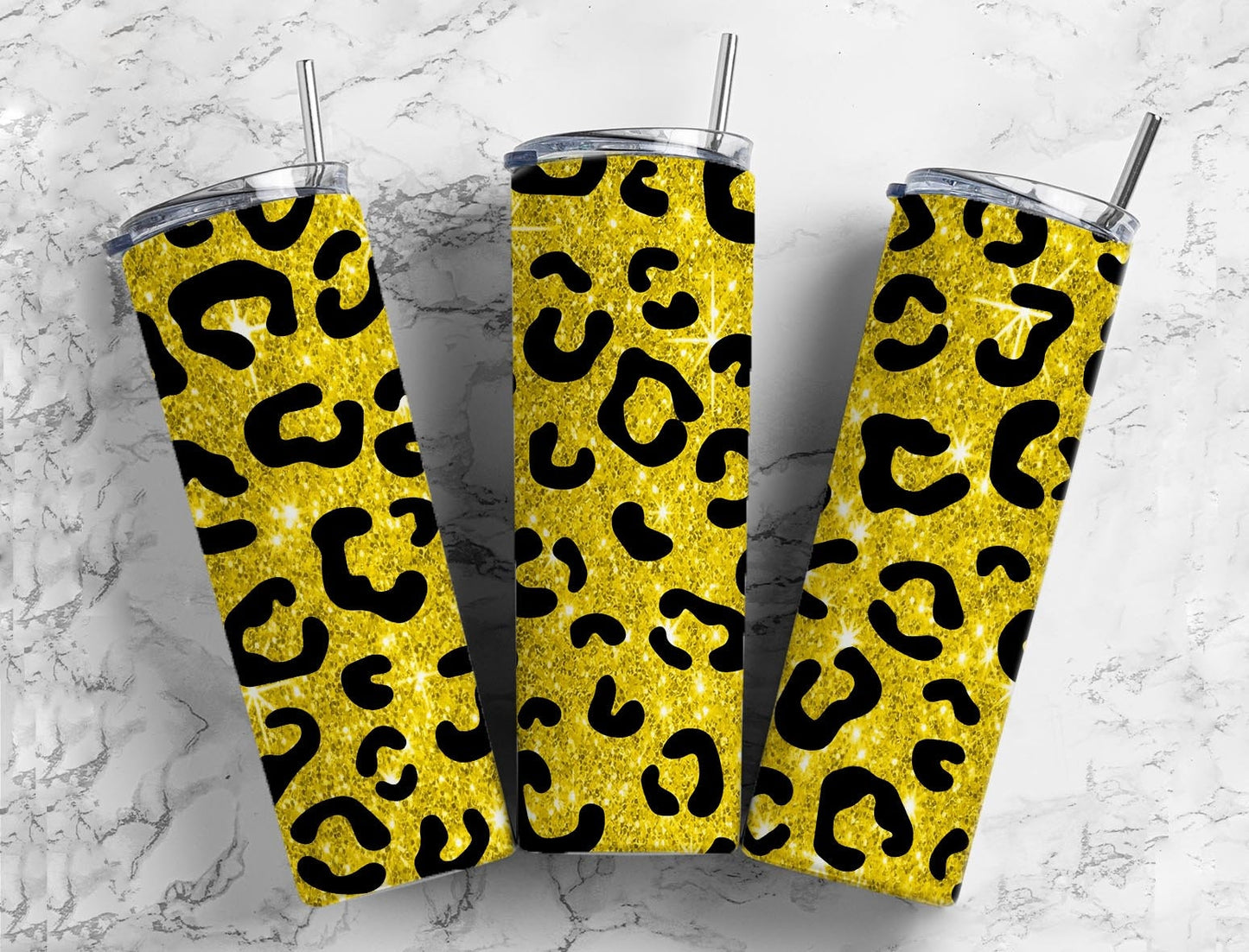 Yellow glitter 20oz Sublimation Tumbler Designs, Leopard print 9.2 x 8.3” Straight Skinny Tumbler Wrap PNG